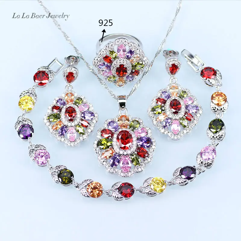 

colorful Silver color Wedding Costume Jewelry Sets For Women Bridal jewelry zircon Bracelet Earrings Pendant Necklace Ring