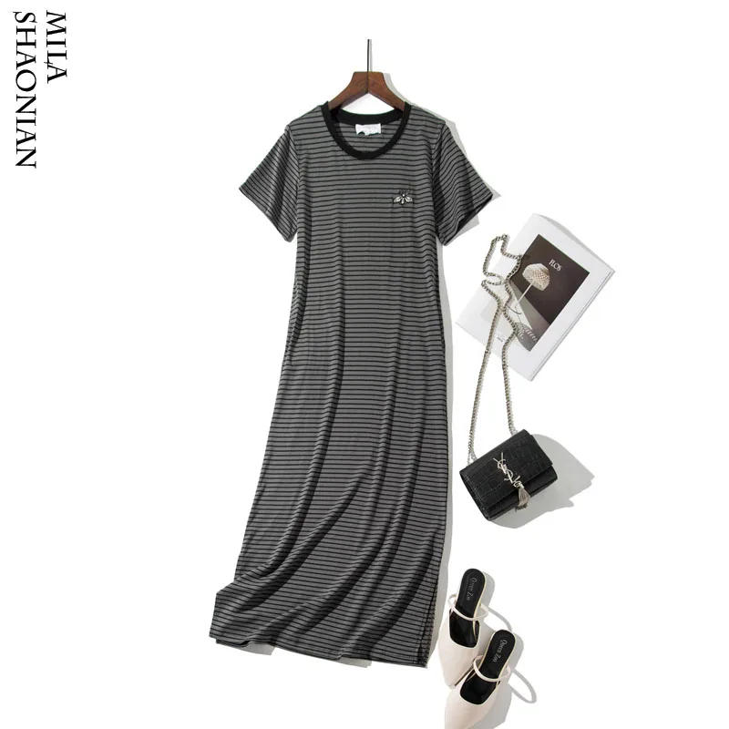 

Embroidery Striped Long Maxi Shirt Dresses Women Plus Size M-2XL O-neck Casual Dress Summer Beach Streetwear Lady Straight Dress