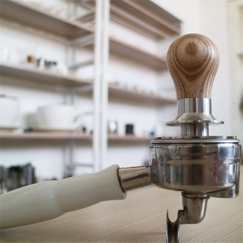 US $47.77 58mm Elasticity Adjustable Coffee T er 304 Stainless Steel Wooden Handle FlatThread Pressure Press Hammer Coffee Accessorie