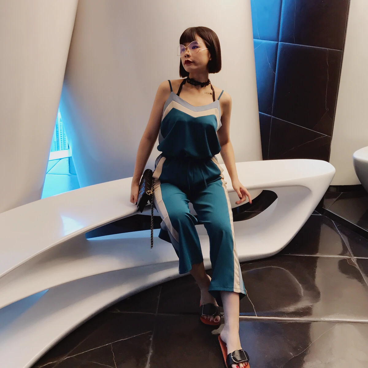 2017 Verão Desgaste Novo Produto Chumbo Cor Camisole Grau Aperto Cintura Larga Calças Perna Dois Papel Terno Mulher