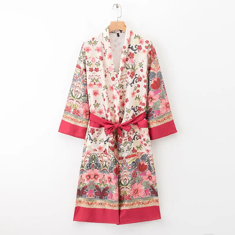 

Summer Floral Print Bow Sashes Lace-Up Kimono Jacket Fashion Boho Women Sun Protection Long Coat Casual Casaco Femme