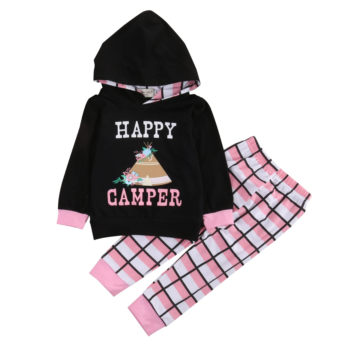 Лидер продаж; Модный комплект одежды с надписью для малышей; Милый хлопковый топ с капюшоном для маленьких девочек; розовые клетчатые брюки; детская одежда с цветочным принтом - Цвет: Многоцветный