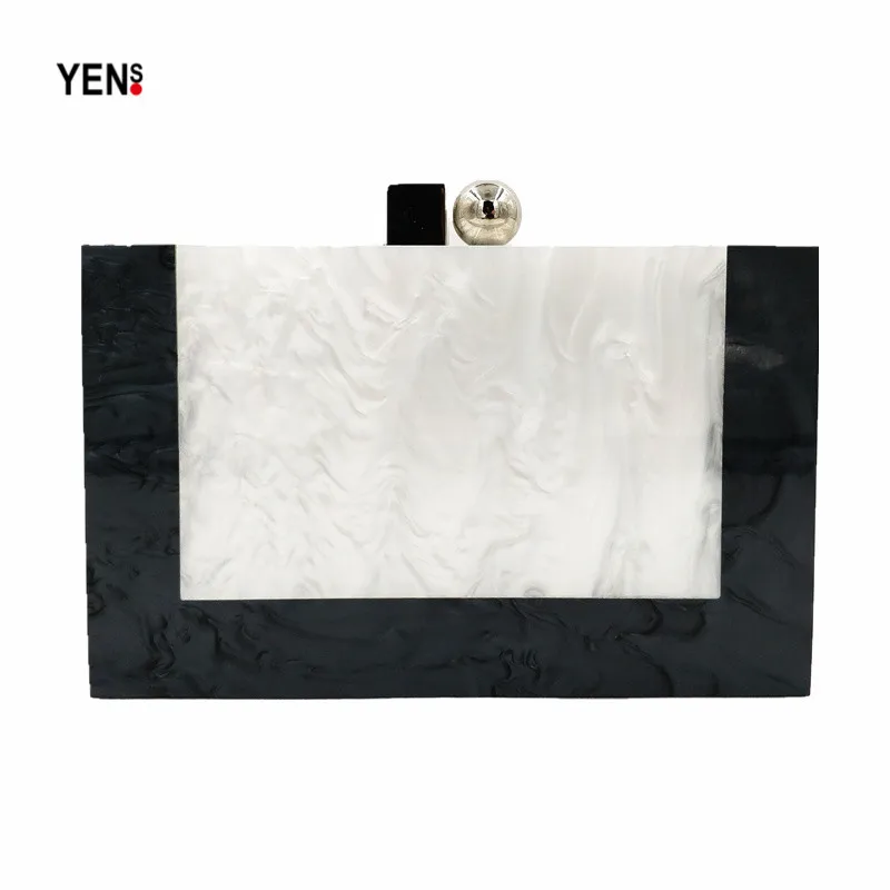 

Women Elegant Acrylic Box Clutch Designer Black White Patchwork Luxury Marble Party Evening Bag Casual Handbag New Wallet Purse