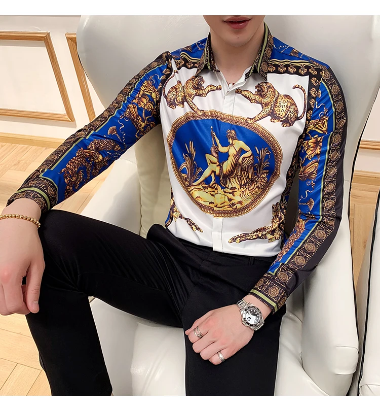 Корейская рубашка модная рубашка с цветочным принтом Social Masculina облегающая Мужская Клубная одежда с принтом и длинным рукавом мужские дизайнерские рубашки с цветочным принтом
