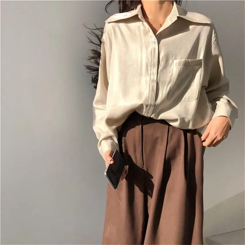 

2019 Spring Autumn Women Fashion Long Sleeves Satin Blouse Vintage Female V Neck Street Shirts Elegant Imitation Silk Blouse X17