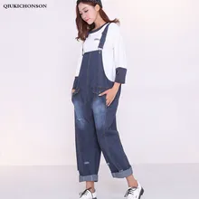 Рваные длинные джинсовые комбинезоны женские корейская мода плюс размер комбинезон повседневные джинсовые комбинезоны высокой талии свободные джинсы-варёнки