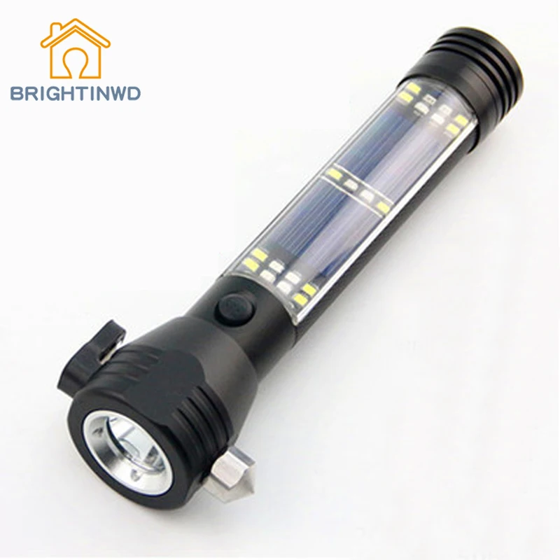 

Multifunctional Solar Light Flashlight LED 8W 7Files Emergency Car Safety Hammer Outdoor Portable Light Self Defense Torch