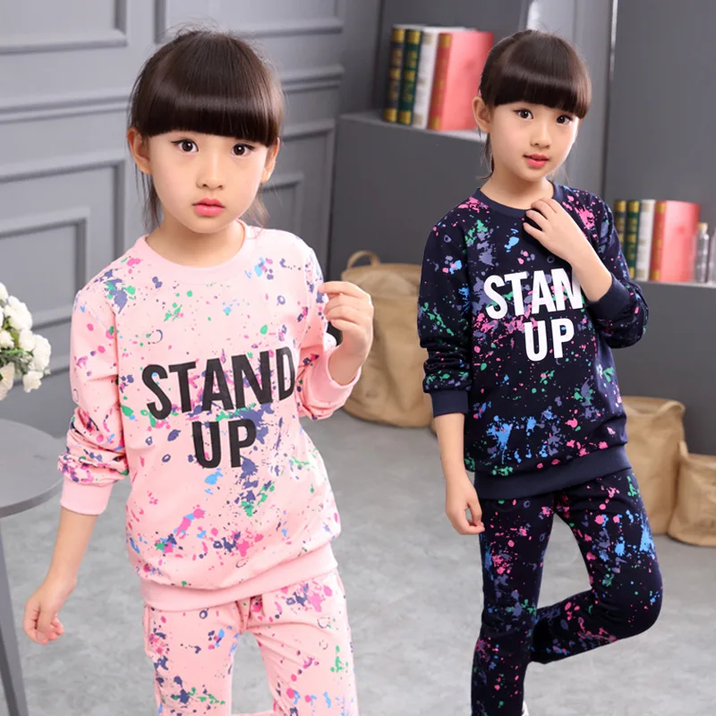 

Scrawl Pattern Kids Girls' Clothing Set 2016 Fall Toddler Girls Top and Pants Outfit Set Girls Clothes Suits Pink Blue Tracksuit