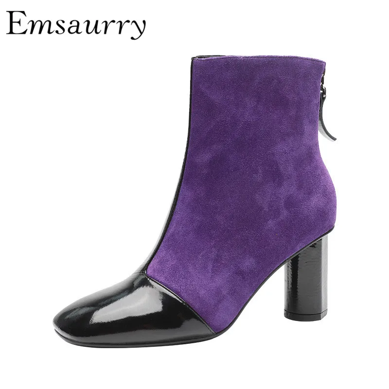 Patent Leather Suede Patchwork Ankle Boots Round Heel Square Toe Back Zip Autumn Winter Short Booties Patent Leather Suede Patchwork Ankle Boots Round Heel Square Toe Back Zip Autumn Winter Short Booties