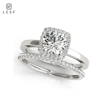 

LESF 1 Ct 2 Pieces Halo Ring Engagement Rings Set Solid 925 Sterling Silver Fashion Wedding Band Jewelry For Women