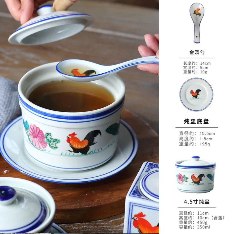 

big red Cock pattern Microwavable Mini Pottery Rice Bowl Stew Cup Ceramic Pudding Souffle Cup bird's nest With Lid
