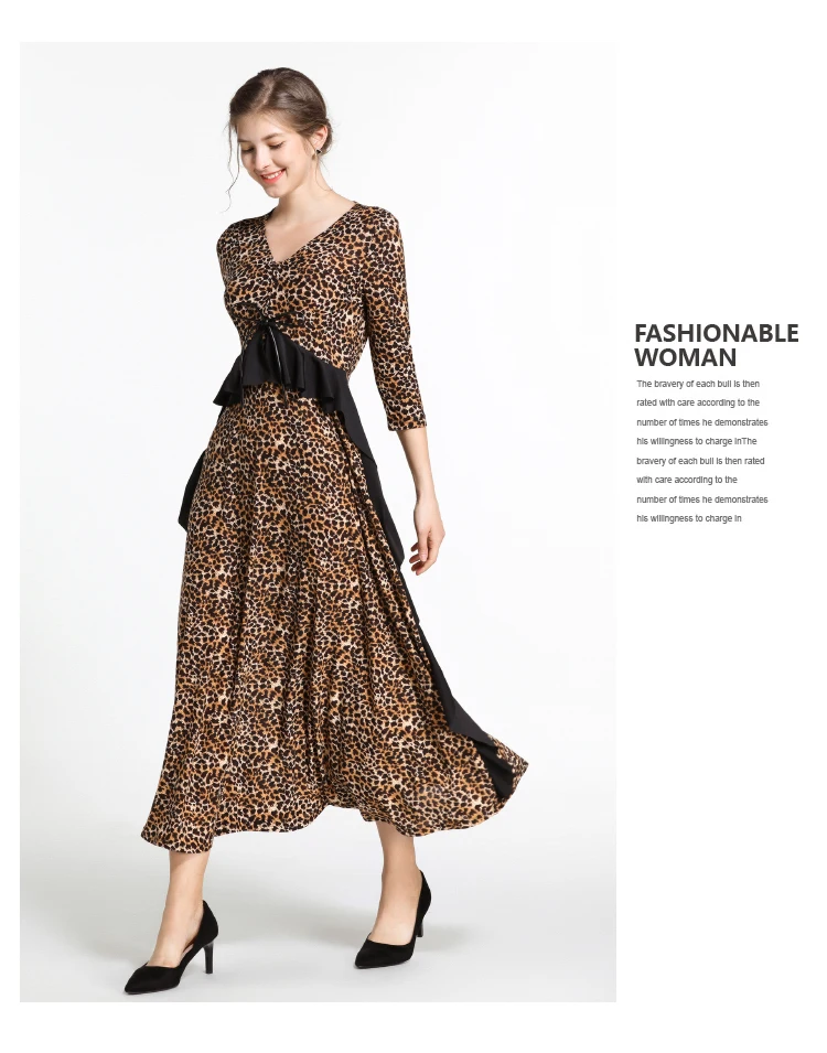 Новинка весны Раффлед леопардовым принтом длинное платье vestidos mujer Verano с v-образным вырезом для женщин макси черное платье Letnia zomer jurk K6902