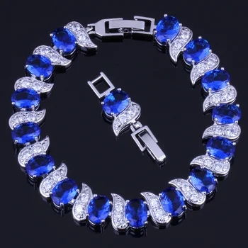 

Brilliant Oval Egg Blue Cubic Zirconia White CZ Silver Plated Link Chain Bracelet 18cm 20cm V0059
