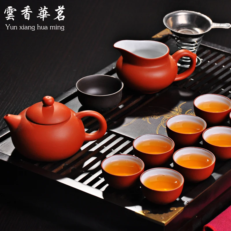 Kung fu tea set Yixing purple sand teapot Ceramic tea art Solid wood tray table