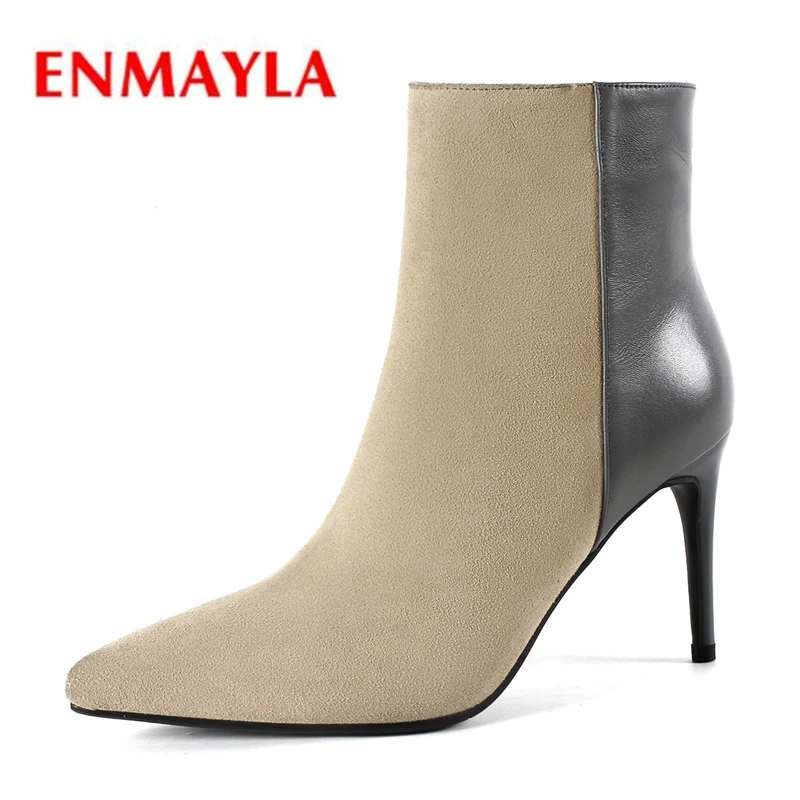 

ENMAYLA Women mixed color pointed toe thin heel ankle boots lady high heel zipper botas mujer Size 34-39 ZYL1219
