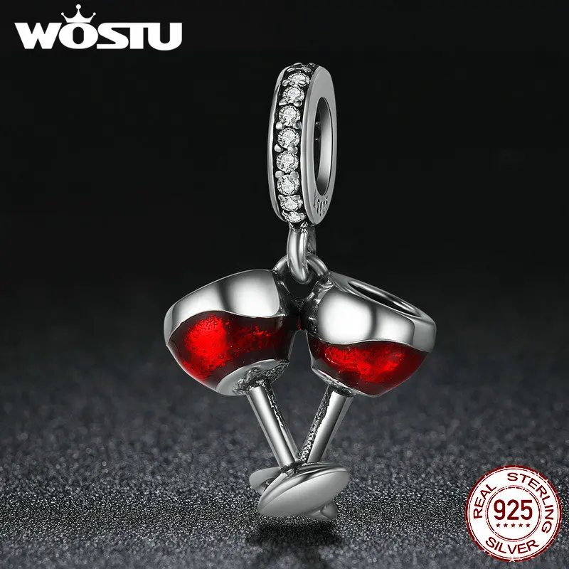 WOSTU Real 925 Sterling Silver Cheers for Love Couple Beer Pendant Charm Fit DIY Bracelet Jewelry Valentine Day Gift FIC478