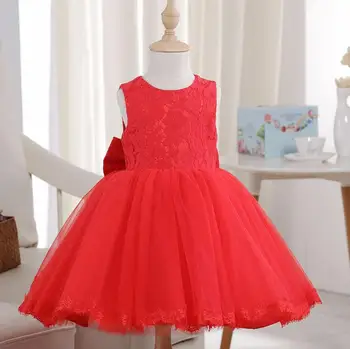 

Pink Red White Sleeveless Big Bowknot Little Girls Wedding Party Flower Girl Dress Lace Mesh Tutu Girl Performance Dress