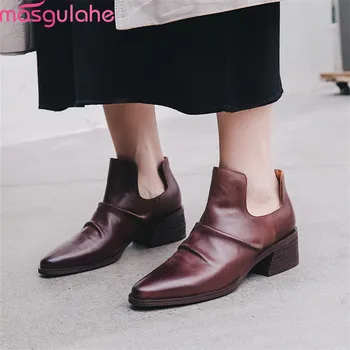 

Masgulahe 2019 new arrival women ankle boots genuine leather shoes square heels punk summer boots Retro casual shoes woman
