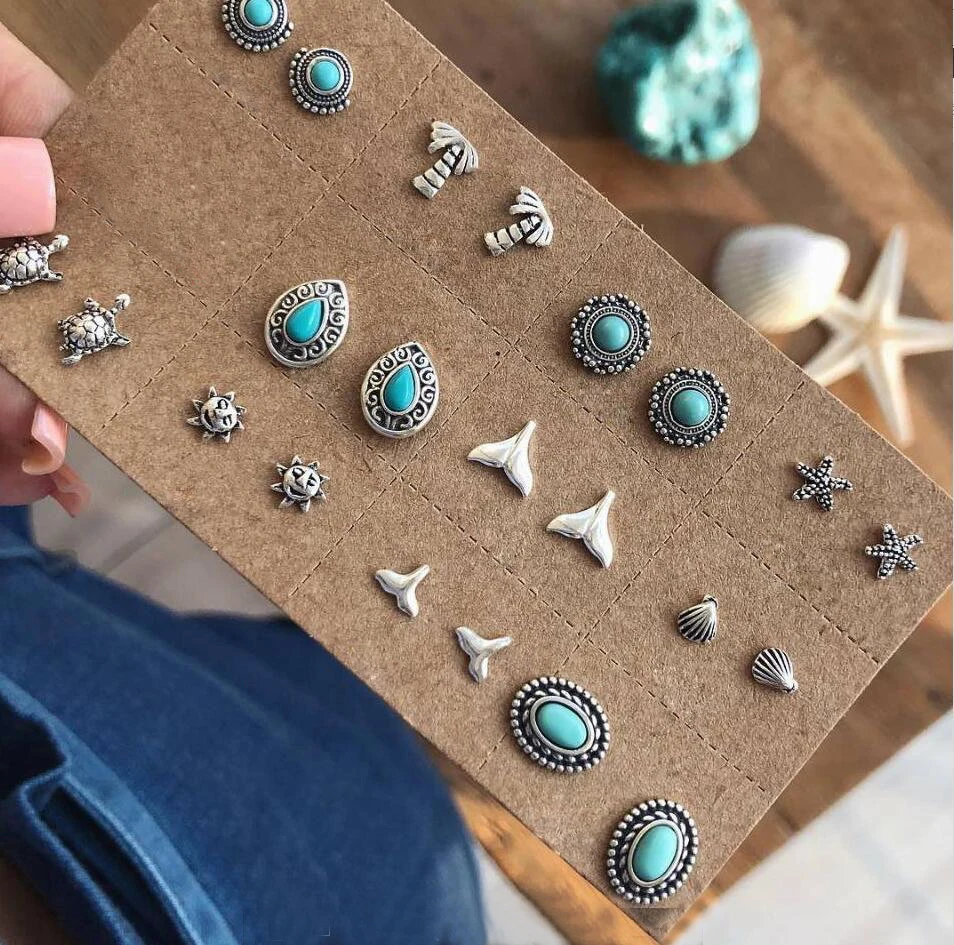 

Bohemian Turtle Starfish Sun Shell Wave Coconut Tree Stud Earrings Set for Women Vintage Stone Earring Statement Jewelry 2019