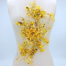 Пришить Золотой Кружева Аппликация с бисером Стразы патчи 43*27 см для платья аксессуары