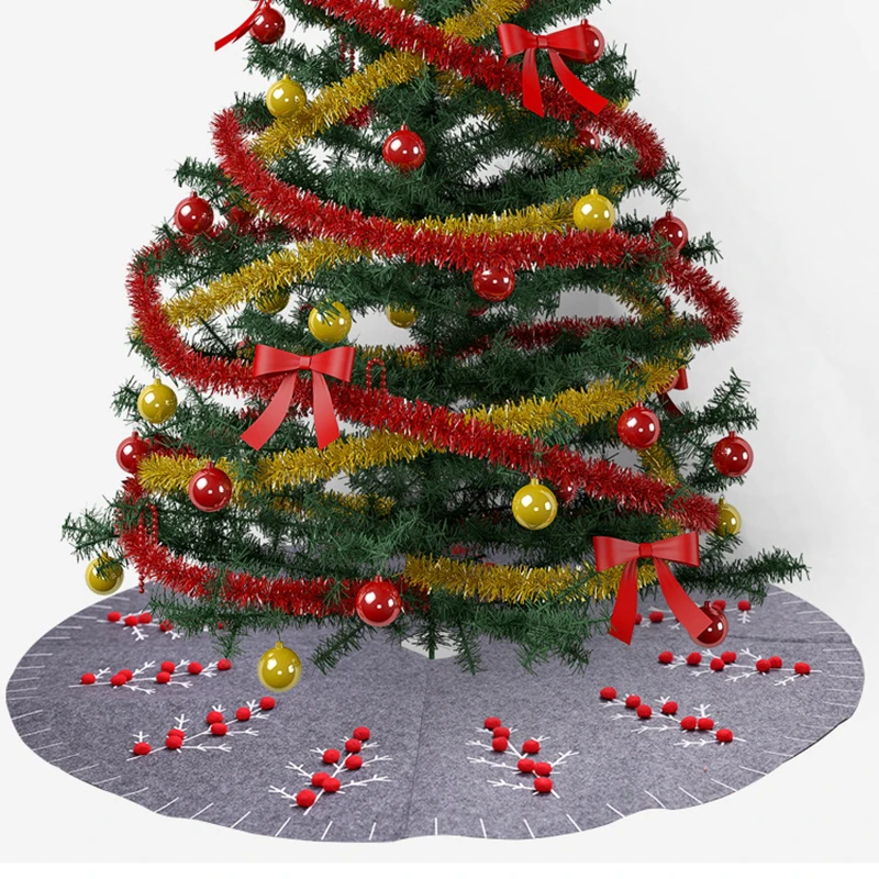 

120cm Grey Christmas Tree Skirt For Home Decor New Year Xmas Decoration With Christmas Tree Branch Red 3D Pom Ball Ribbons
