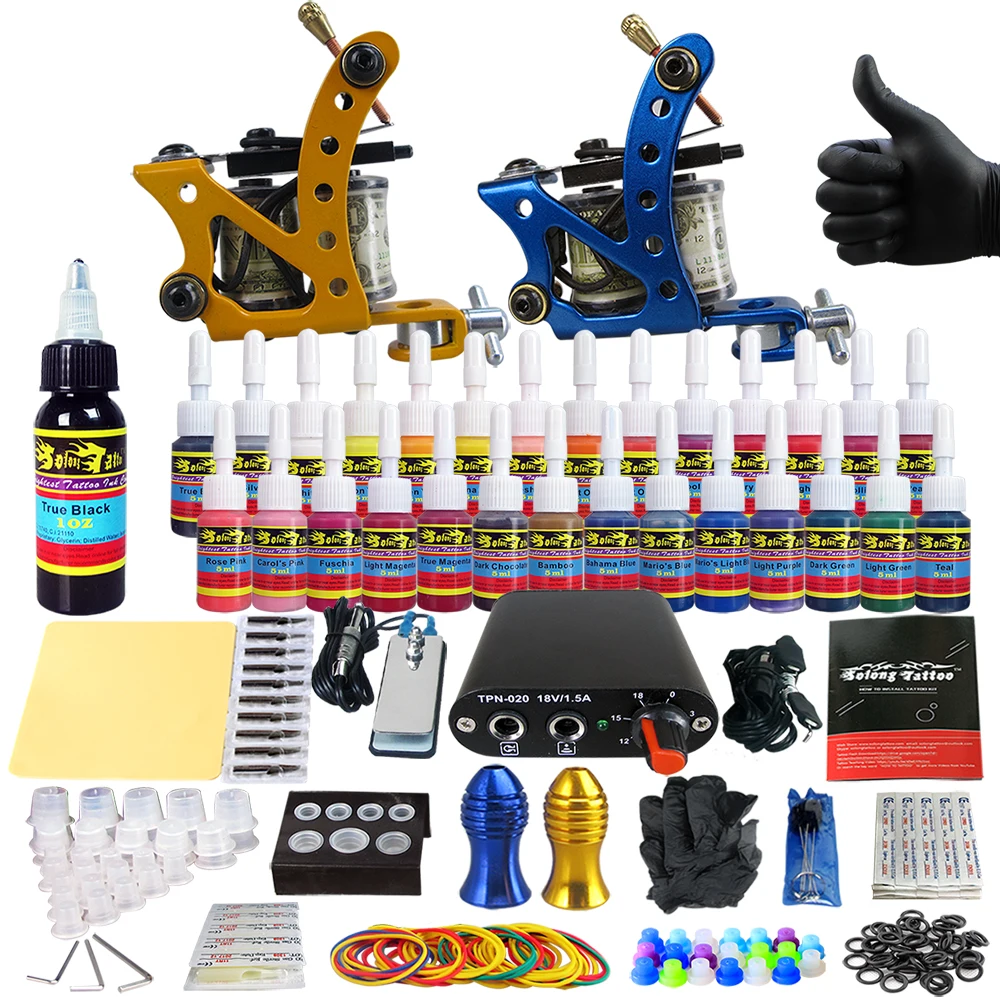 

Hybrid Complete Kit For Tattoo Liner and Shader Beginner Power Supply Foot Pedal Grips Needles Ink Set Tattoo Body&Art TK204-37