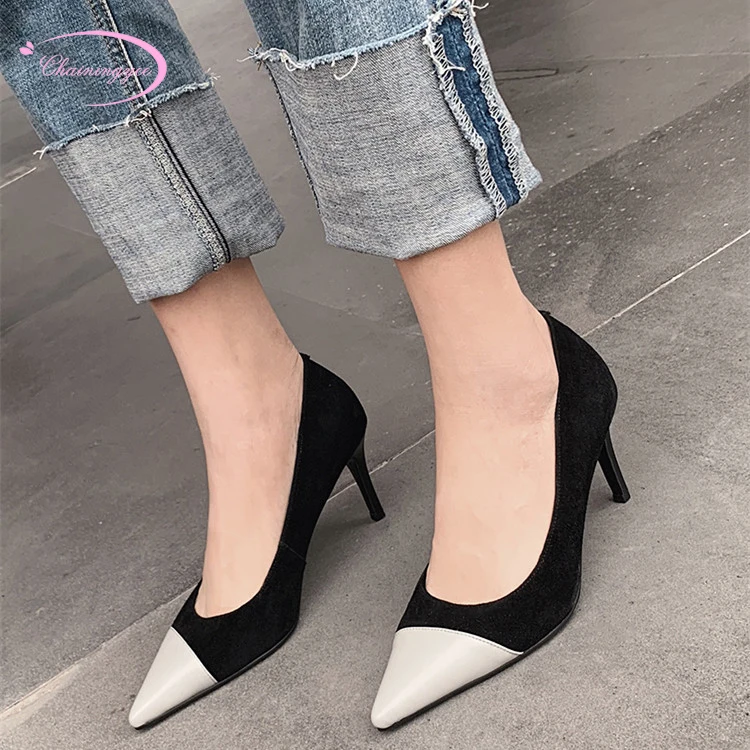 

European casual style sexy pointed toe natural leather sheep suede pumps color matching apricot black high heel women shoes