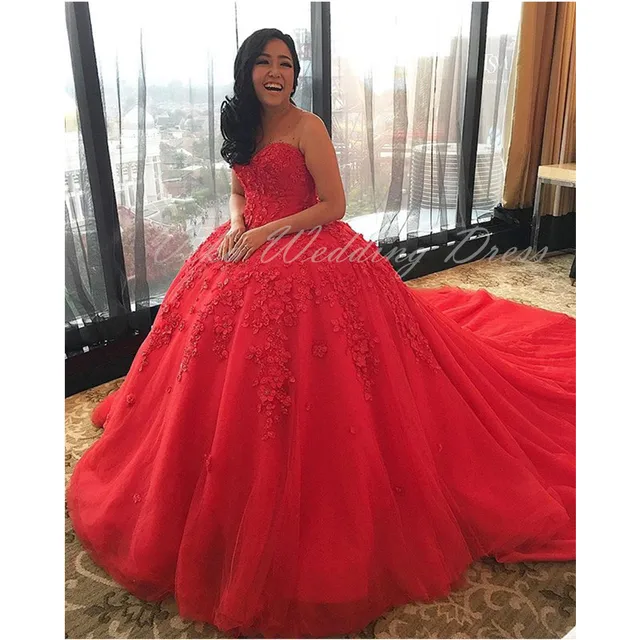 16384 Unique Rouge Robe De Bal Robe De Mariage Turquie Bretelles Puffy Princesse 3d Fleurs Dentelle Robes De Mariée Arabe Robe De Noiva Curto Dans