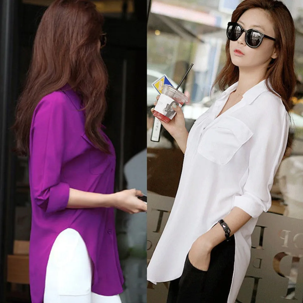 Модная женская шифоновая блузка с карманами, рубашка с длинным рукавом, 2 цвета