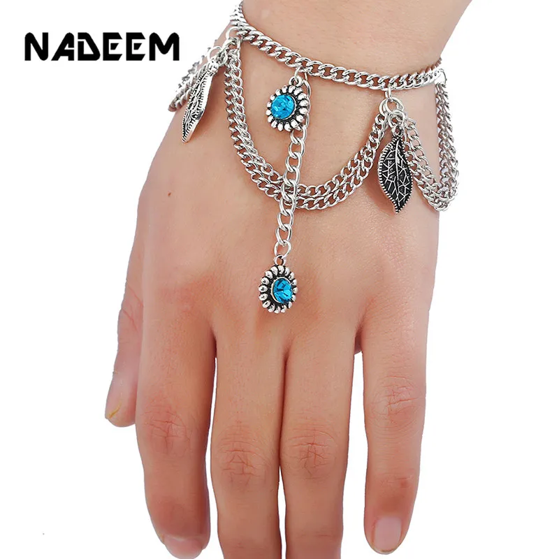 

NADEEM Boho Female Adjustable Antique Silver Hollow Leaf Pendant Bangles With Finger Ring Arm Cuff Bracelets & Bangles for Women