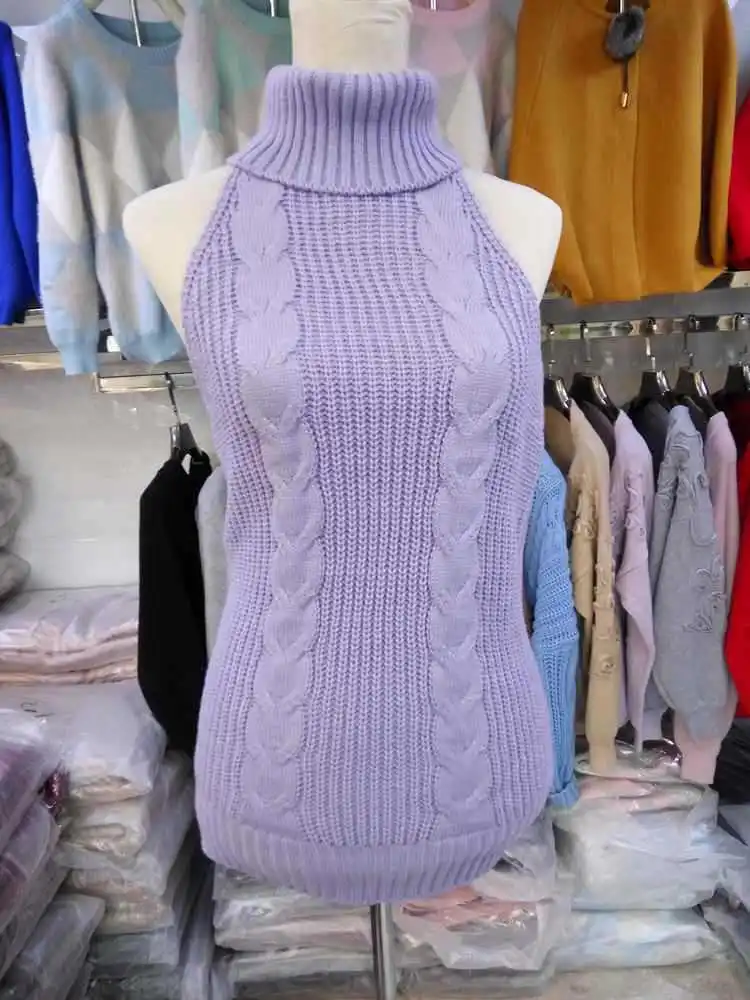 

Fine Guage Wide Needle Virgin Killer Sweater Backless Sweater Women Long Turtleneck Pullover Open Back Vest Knitted Cosplay