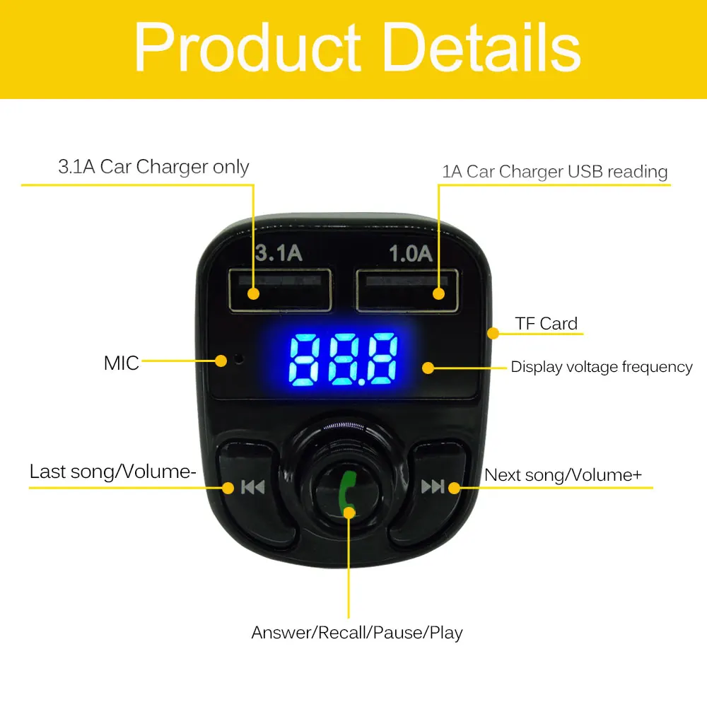 Car FM Transmitters Aux FM Modulator Bluetooth Handsfree Car Kit Audio MP3 Player with 3.1A Quick Charge Dual USB Auto Charger