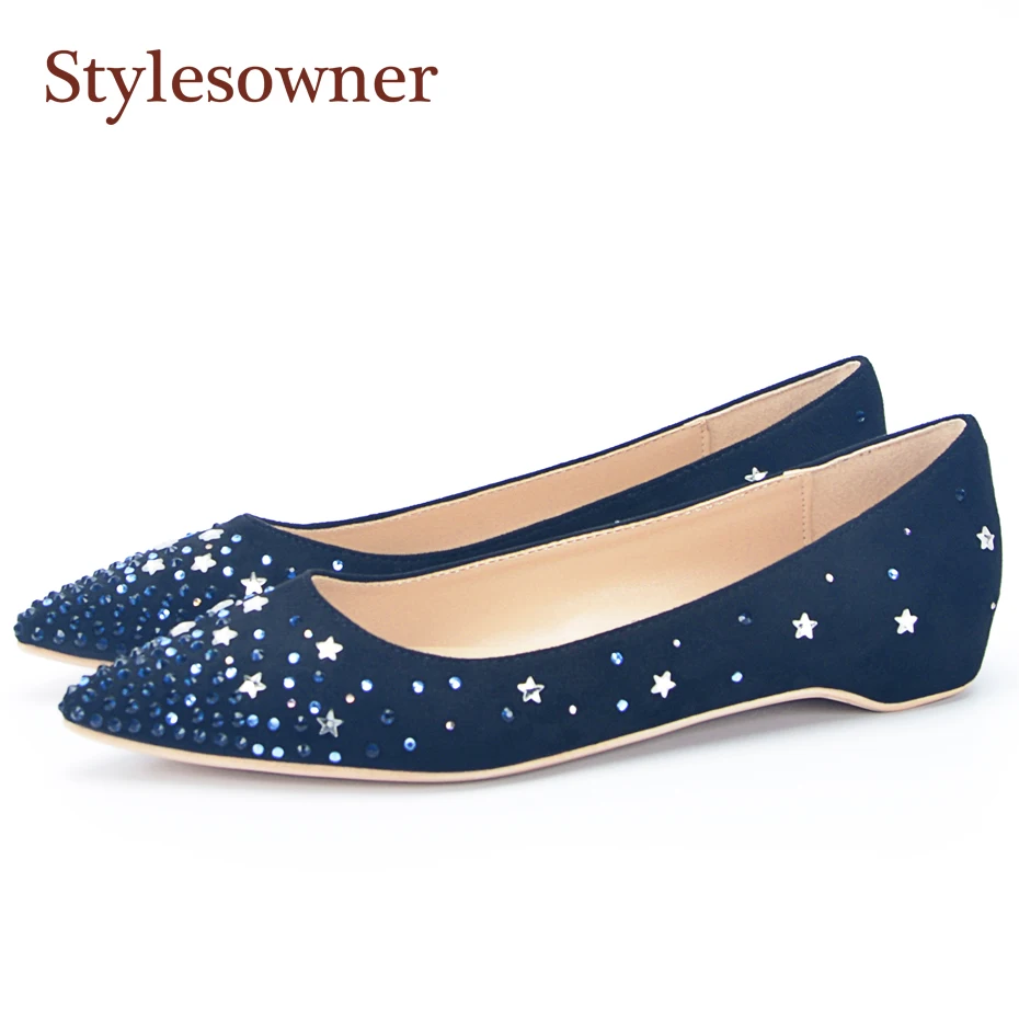 

Stylesowner Black suede leather women flat shoes with blue crystal pointed toe rhinestone star women nice shoe comfy dress shoe