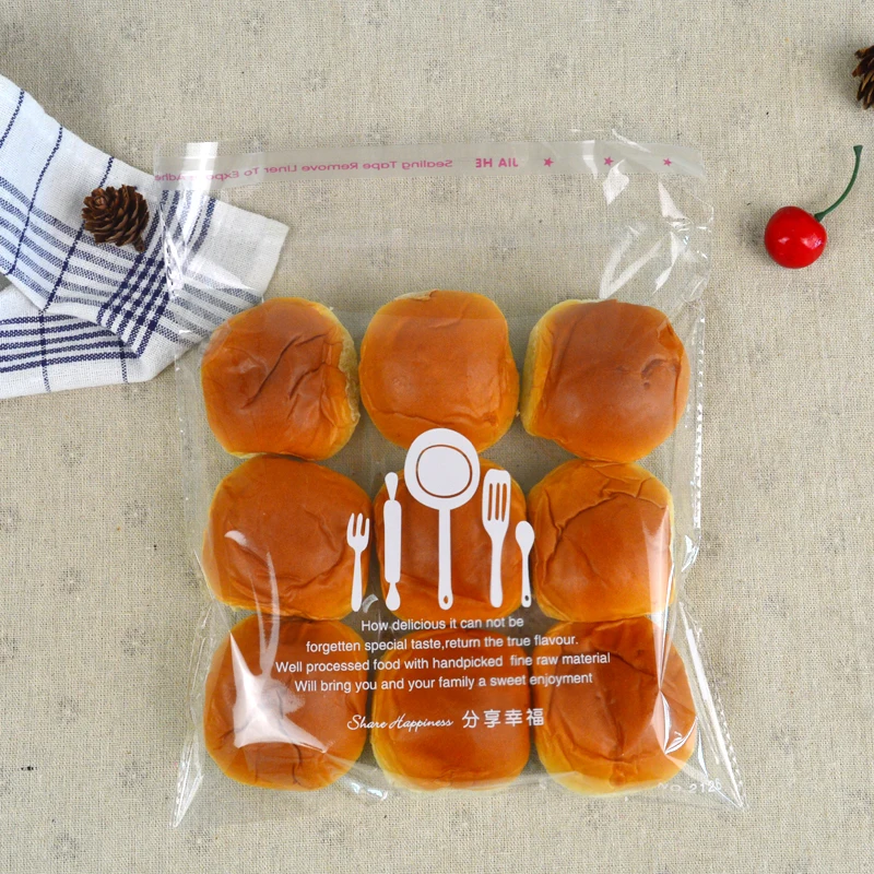 100pcs Free shipping Transparent Biscuit bag Bakery packaging Bread bag Food delivery Plastic bags Adhesive seal Bakery bag