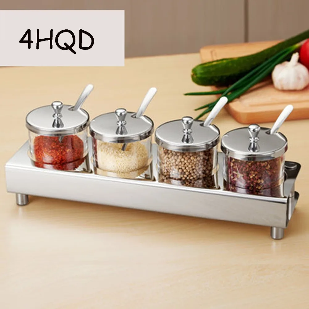 Stainless Steel Seasoning Box Glass Salt Can Set Condiment Jar Set