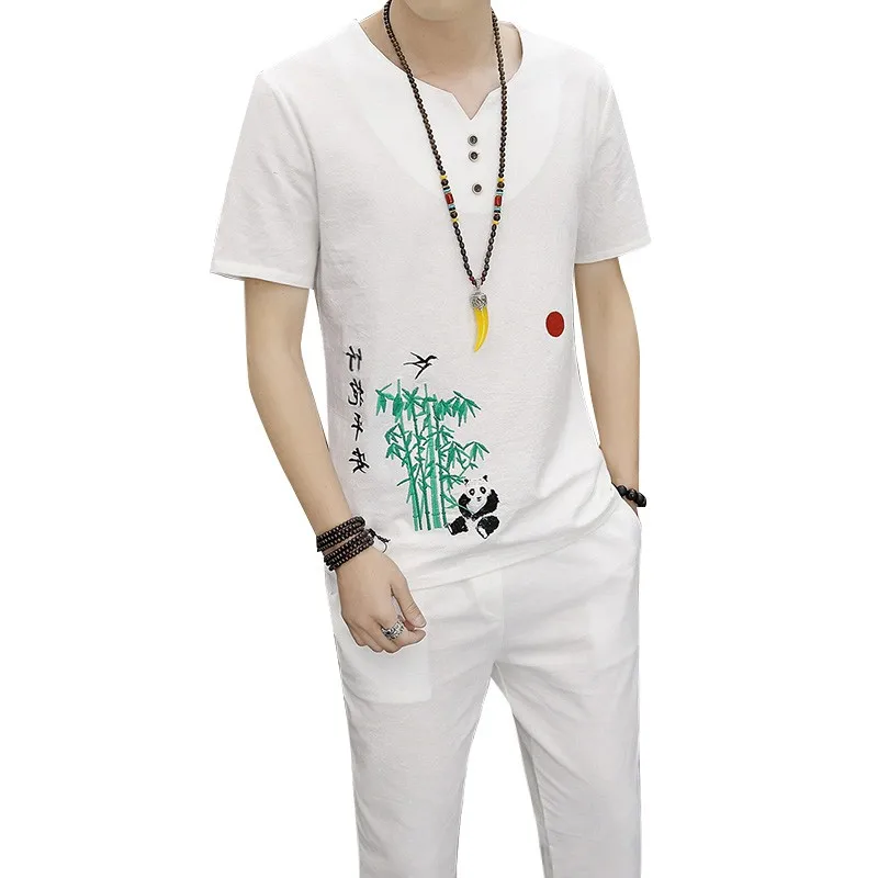 

New product high-grade men hemp China wind Brief paragraph T-shirt suit/male leisure Round Collar Short With short sleeves