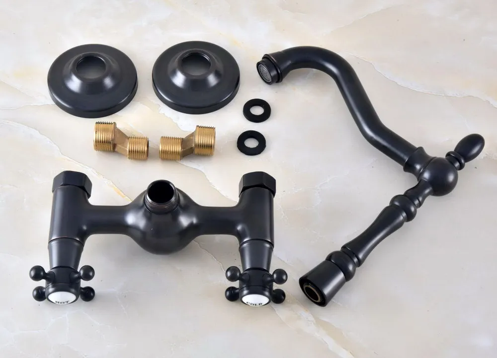 Black Oil Rubbed Bronze Brass Two Cross Handles Wall Mount Swivel Spout Kitchen & Bathroom Basin Sink Faucet Mixer Tap anf471
