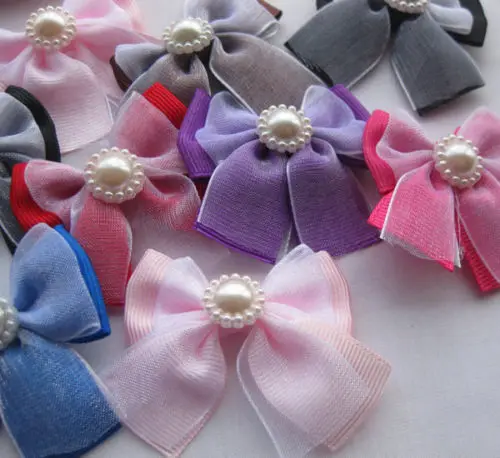 

20pcs Grosgrain/organza ribbon bows with pearl wedding appliques Polyester