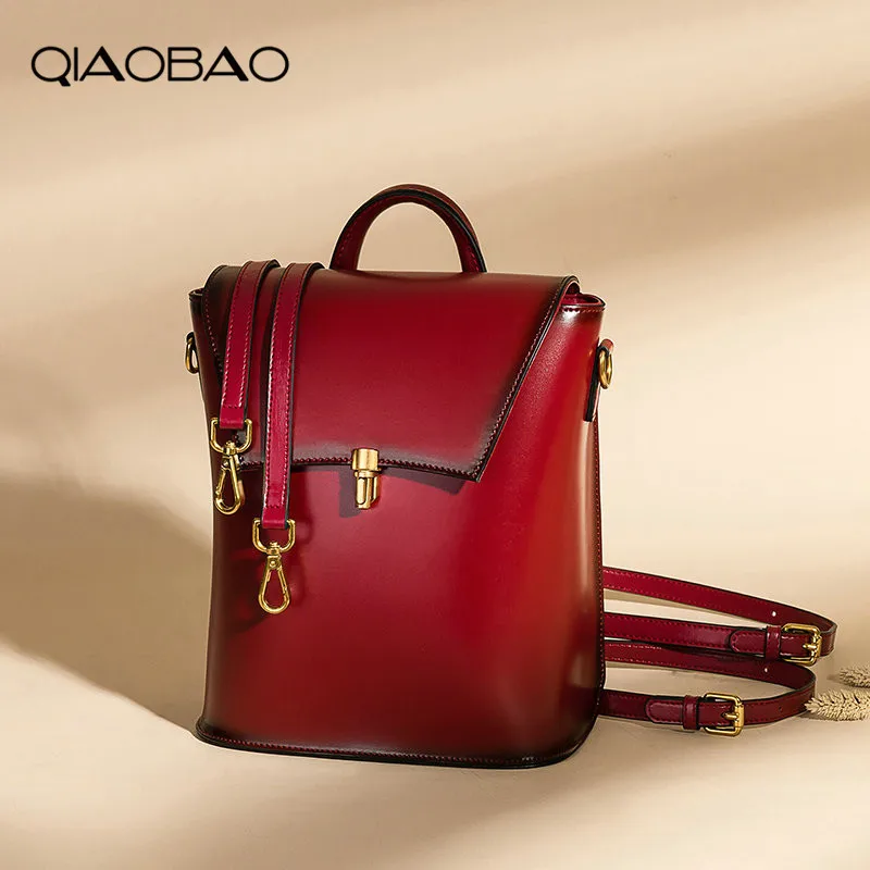 

QIAOBAO 2019 new Cowhide Leather Backpack retro shoulder bag fashion bucket backpack leather bags
