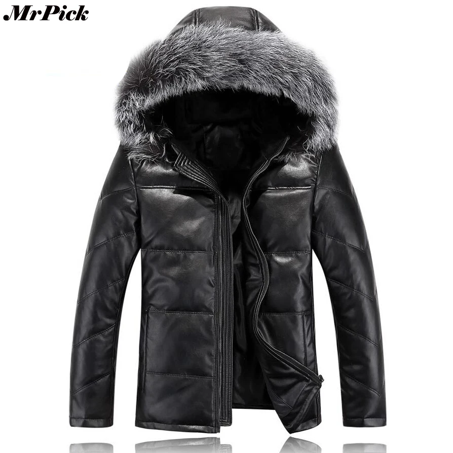 2017 Новый меховой капюшон мужские кожаные пальто Зимние теплые-20 градусов черные цветные куртки E0708-003