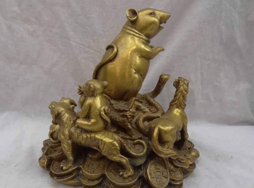 

S2734 Chinese 12 Zodiac Brass Animals Coin Dragon Tiger Snake Mouse Statue Sculpture D0317