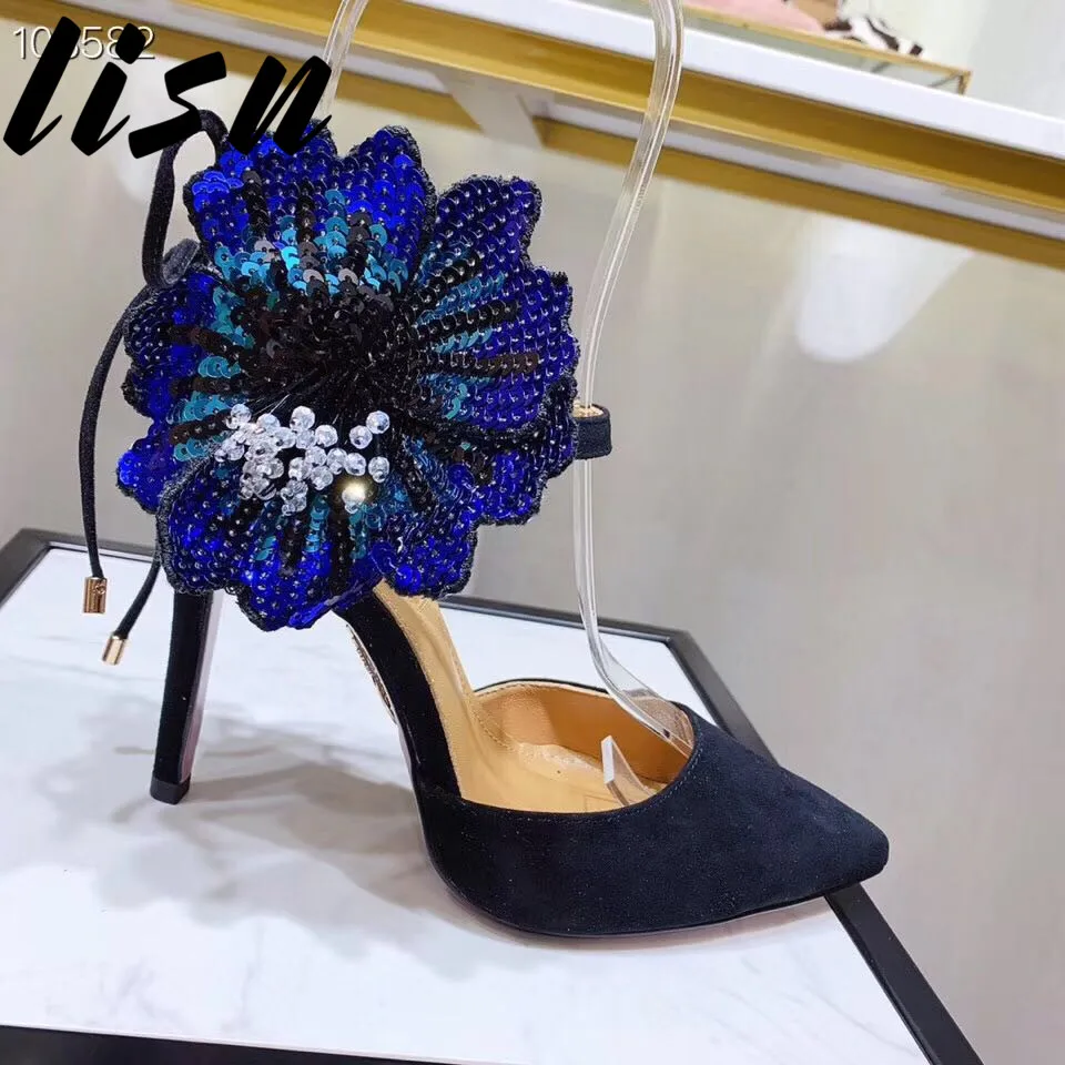 

LISN New Genuine Leather Sexy Pointed Toe Summer Pumps Gladiator Lace Up Floral Summer HIgh Heels Shoes Women