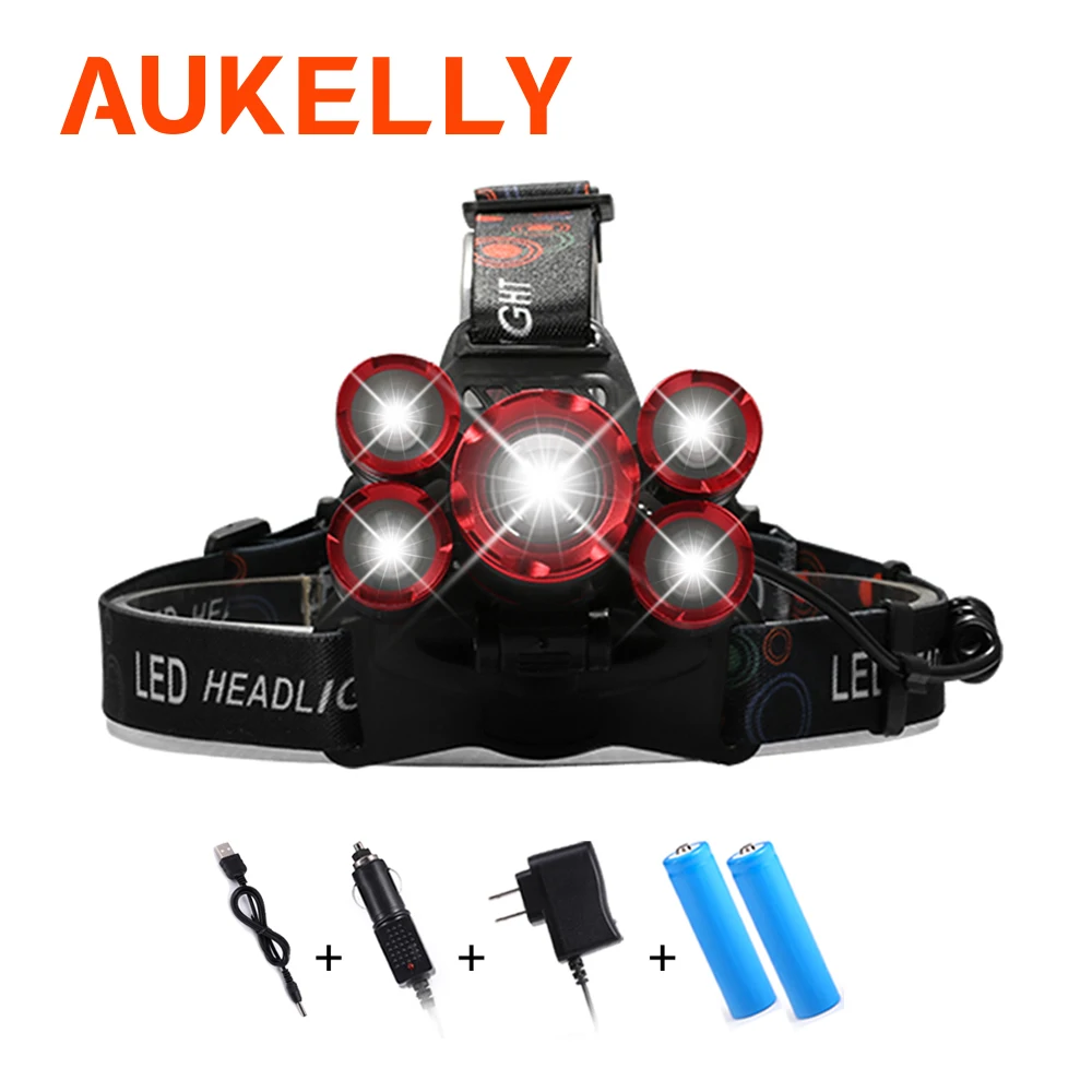 

LED Headlamp 5*T6 40000 Lums Ultra Bright Headlight 4 Mode Zoom Head Lamp Use Rechargeable Forehead Light Use 2*18650 Battery
