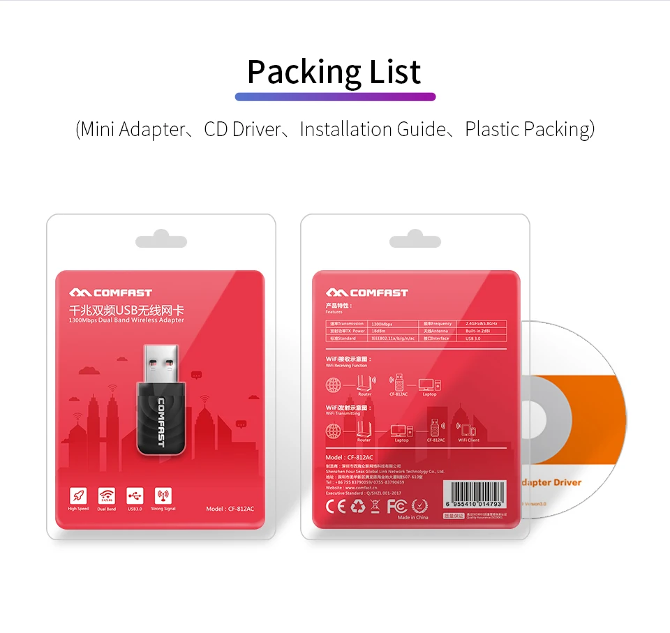 Comfast CF-812AC usb wifi адаптер 2,4 ГГц/5 ГГц 1300 Мбит/с USB беспроводной адаптер двухдиапазонный WiFi приемник AC Wi-Fi ключ сетевая карта