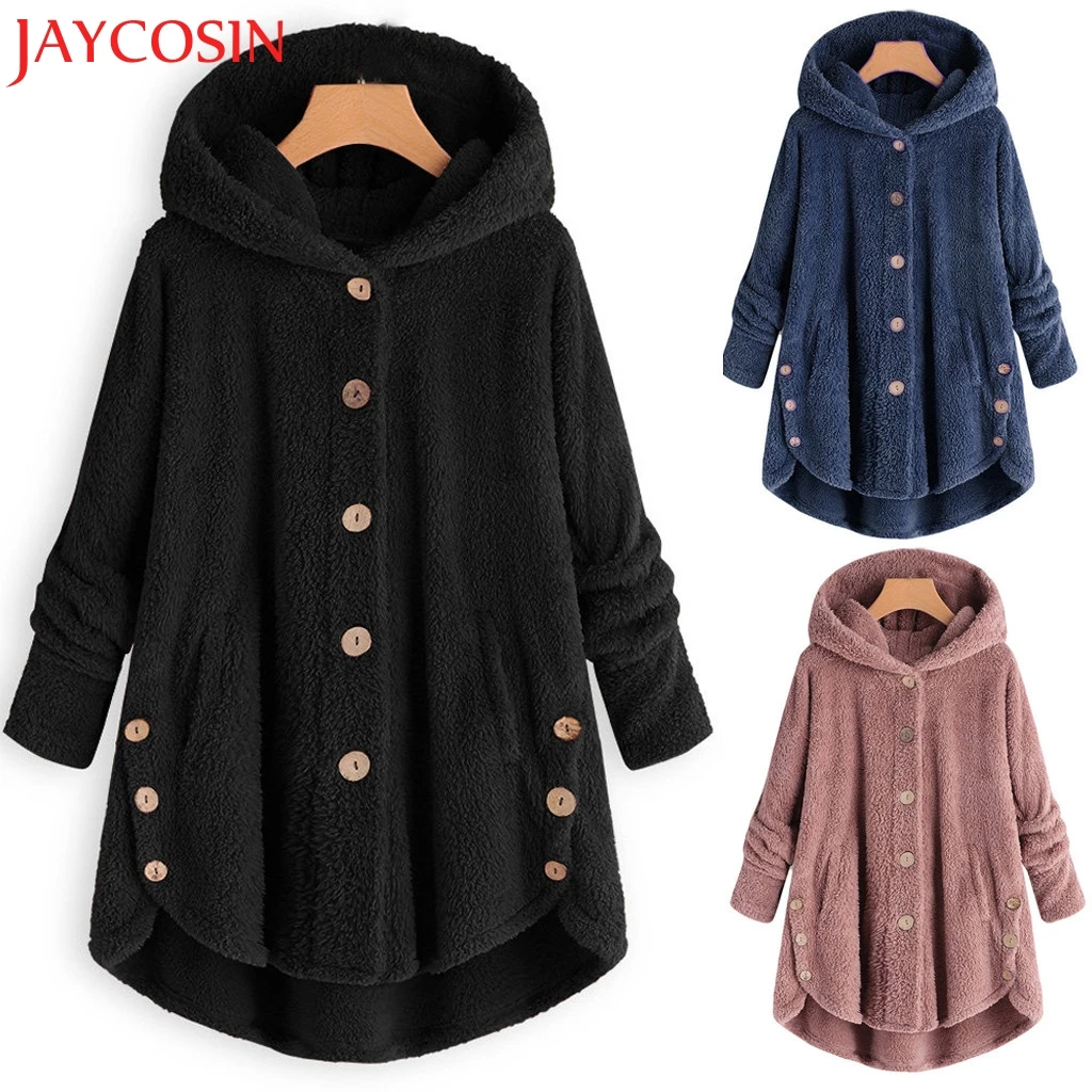 

KLV Fashion Women Button Coat Fluffy Tail Tops Hooded Pullover Casual Solid Loose Sweater Overcoat Dropship Dec.1