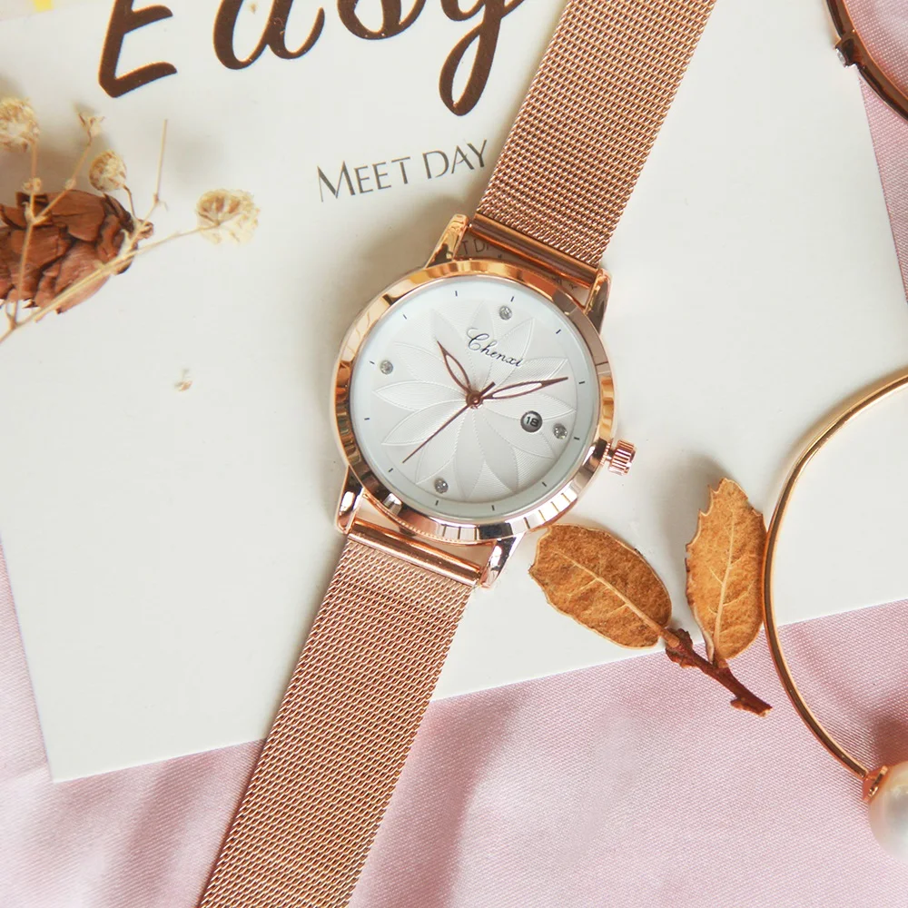 Skup Elegancki różowy różowe złoto kobiet zegarki CHENXI Casual zegarek dla kobiet wodoodporny minimalizm Sukienka Rhinestone kobieta zegar