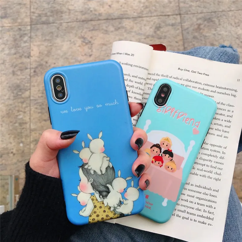 

Fashion Black Brown Hair rabbit Mom Girl Case For iPhone X XS Max XR 8 7 6 6s Plus soft IMD Silicone Woman Phone Cover