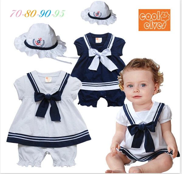 Summer baby girl romper short sleeves navy sailor style romper hat newborn cute bowknot jumpsuit infantil