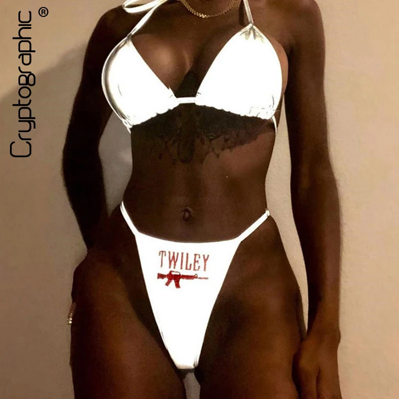 

Cryptographic Letter Print Holographic Fashion Halter Sexy Bikini Set for Women High Waist Panty Matching Sets Party Club Outfit