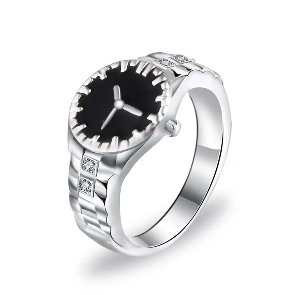 Fashion Women Mens Watch Rings Dial Quartz Analog Ring Silver Plated